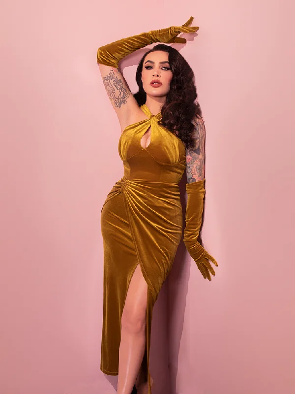 PRE-ORDER - Golden Era Gown and Glove Set in Gold Velvet - Vixen by Micheline Pitt