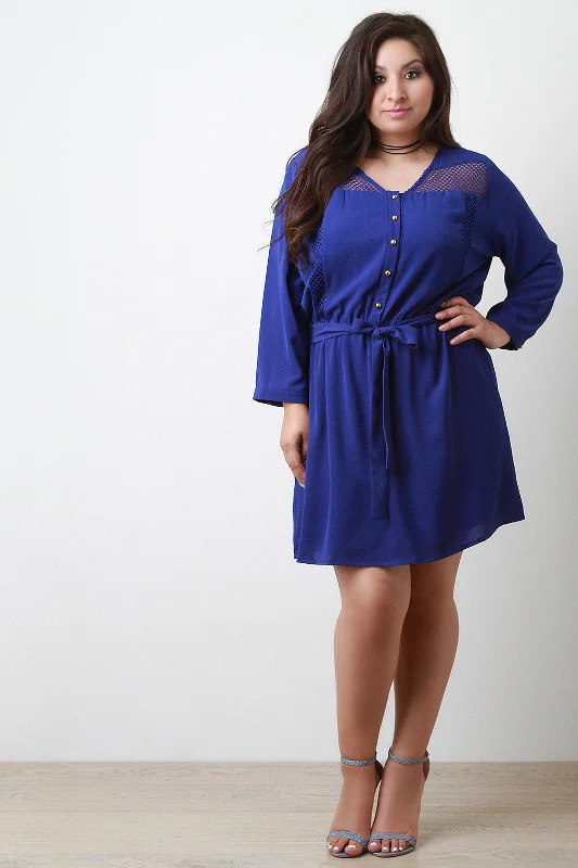 Mesh Panel Button-Up Long Sleeve Dress