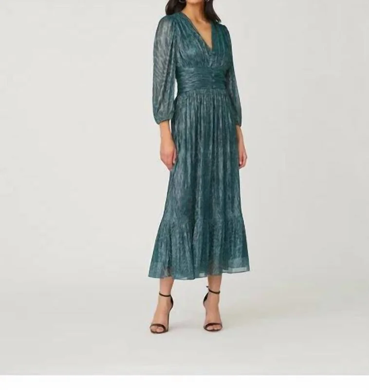 Clara Blouson Dress In Teal Metallic