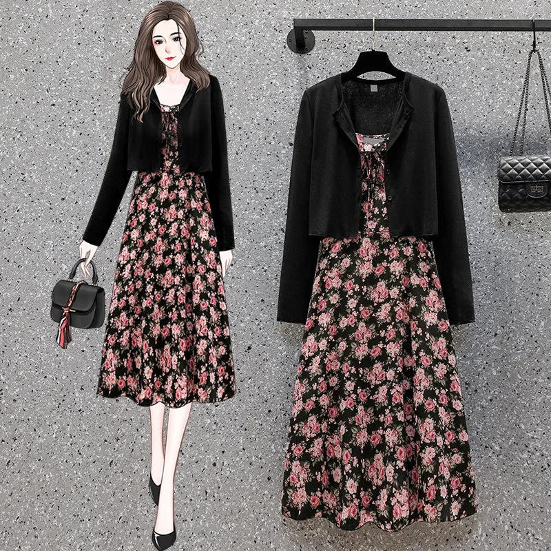 Plus Size Cardigan and Floral Dress Set