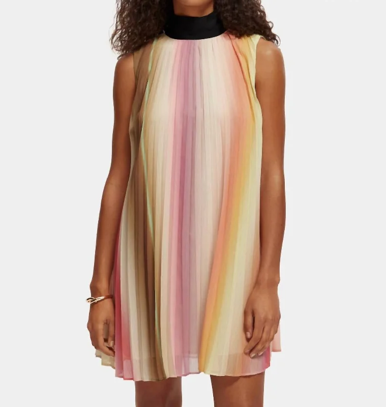 Bow Pleated Mini Dress In Rainbow Ombre