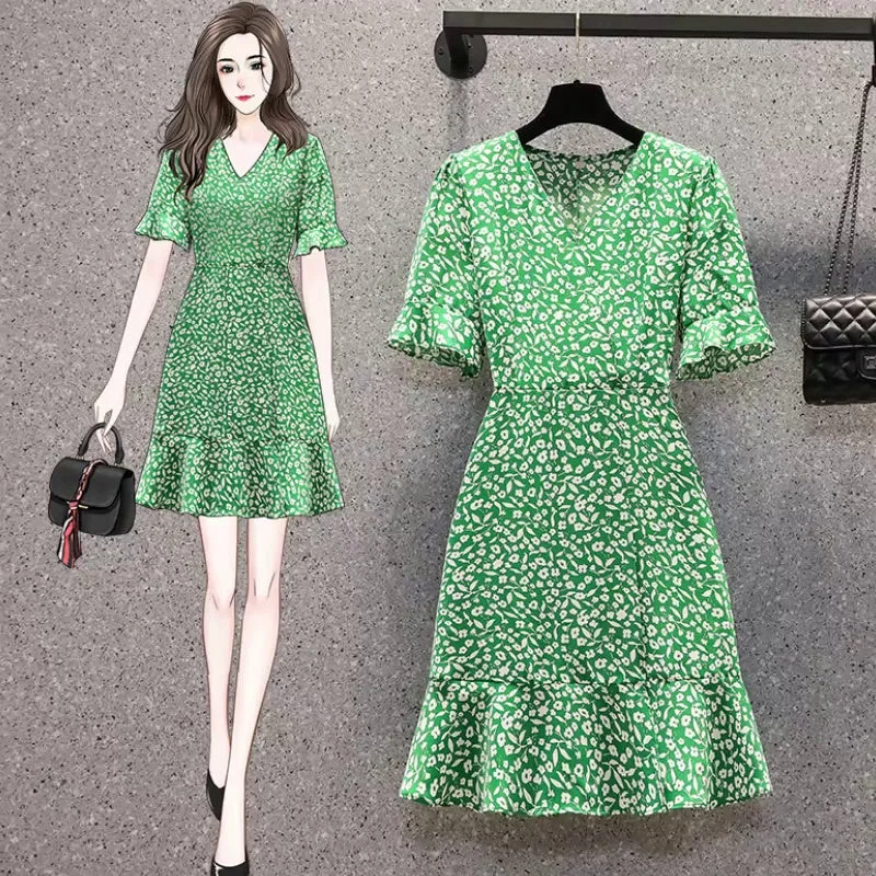 Plus Size Green Ditsy Floral Mermaid Wrap Dress