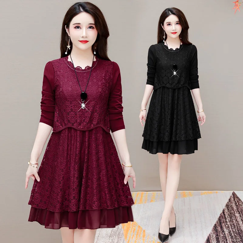 Plus Size Lace Layer Long Sleeve Dress