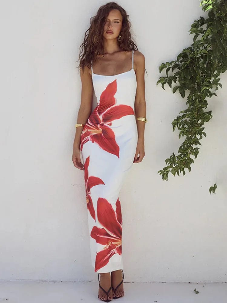 Women's Floral Print Long Dress: Elegant Summer Gown, Spaghetti Strap, Sleeveless, Backless Bodycon Midi Dress