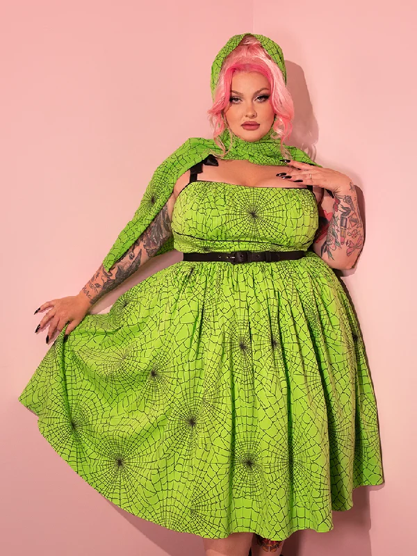 1950s Swing Sundress and Scarf in Slime Green Spider Web Print - Vixen by Micheline Pitt