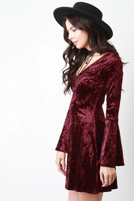 Crushed Velvet Choker Bell Sleeve Dress