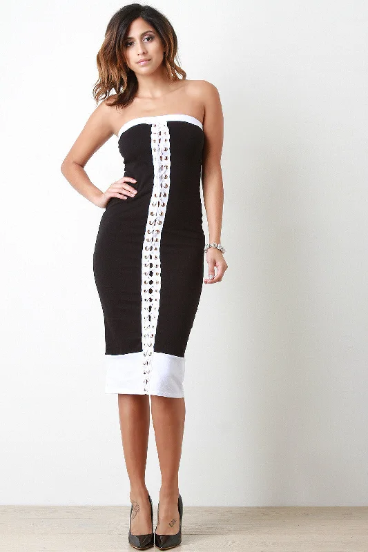 Grommets Corset Lace Up Strapless Midi Dress