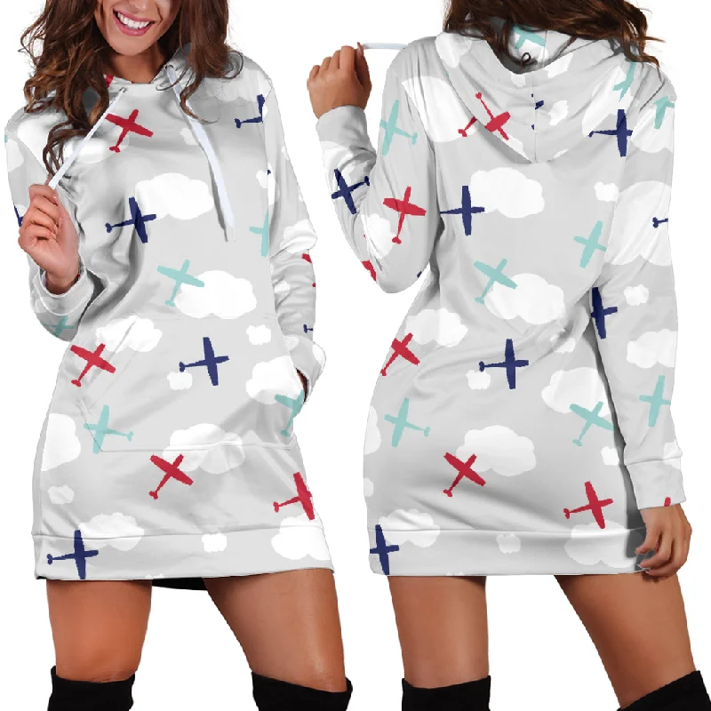 Airplane Cloud Grey Background Women'S Hoodie Dress