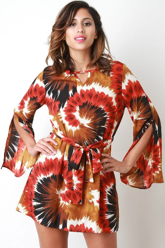 Brushstroke Tie Die Bell Sleeve Dress