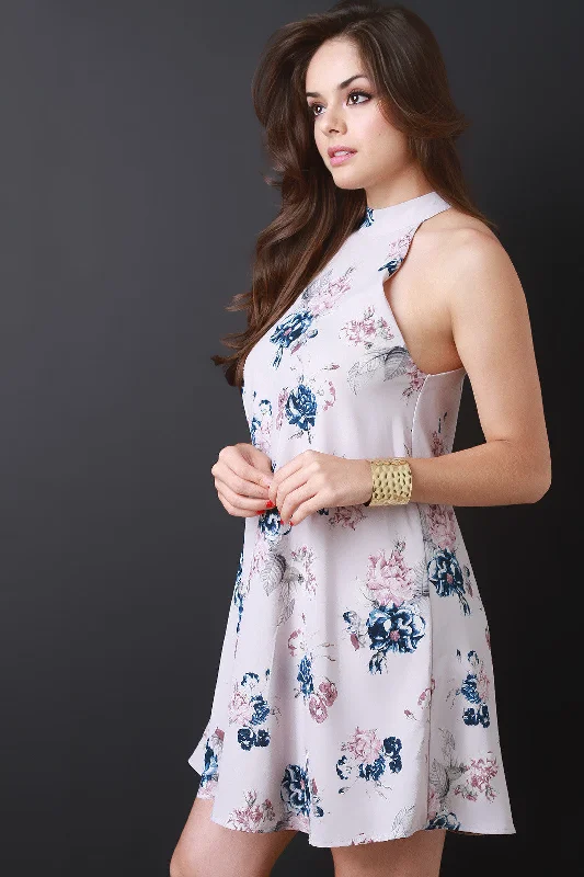 Floral Mock Neck Trapeze Dress