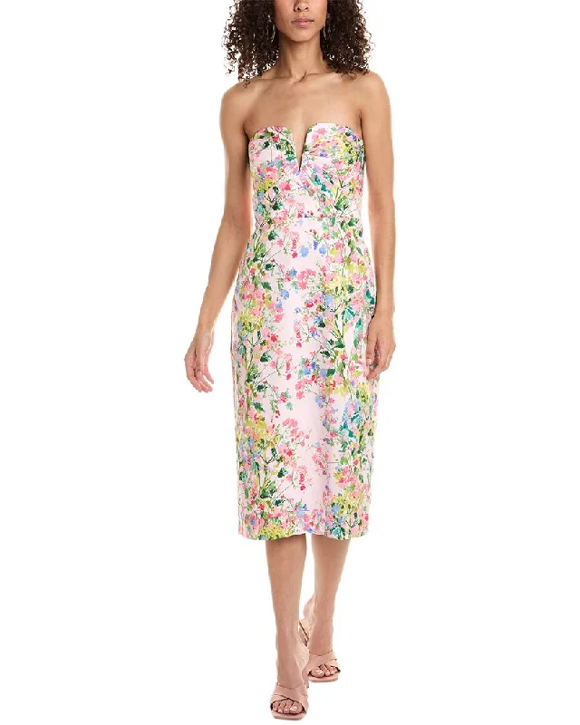 ML Monique Lhuillier Lily Faille Embellished Midi Dress