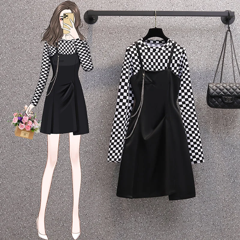 Plus Size Checkerboard T Shirt and Chain Dress Set