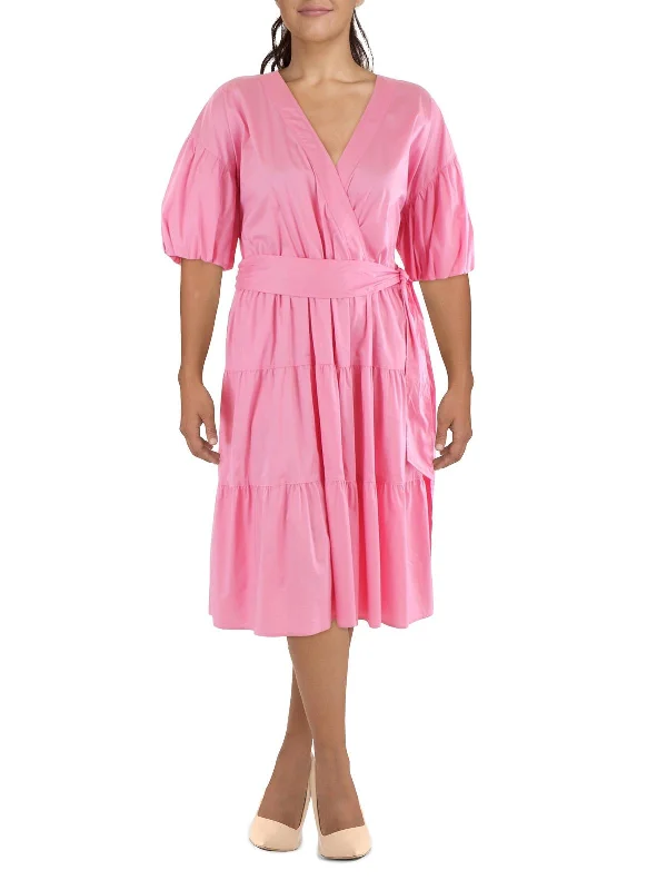 Womens Surplice Tiered Midi Dress