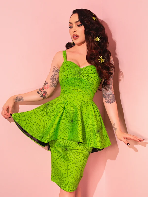 Glamour Girl Peplum Dress in Slime Green and Black Spiderweb - Vixen by Micheline Pitt