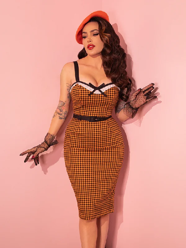 Bardot Beauty Wiggle Dress in Orange Gingham - Vixen by Micheline Pitt