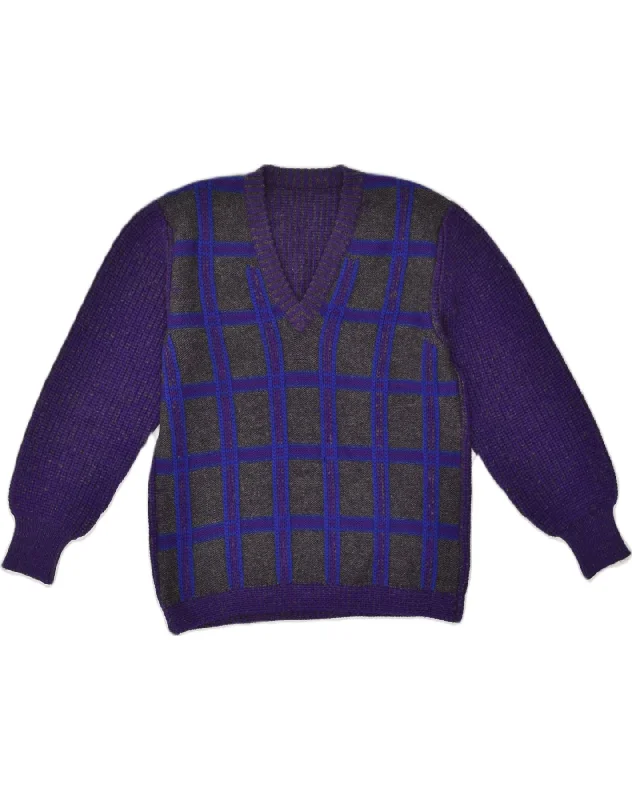 VINTAGE Womens V-Neck Jumper Sweater UK 16 Large Purple Geometric