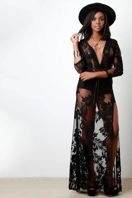 Floral Patterned Lace Plunging V Belted Dress