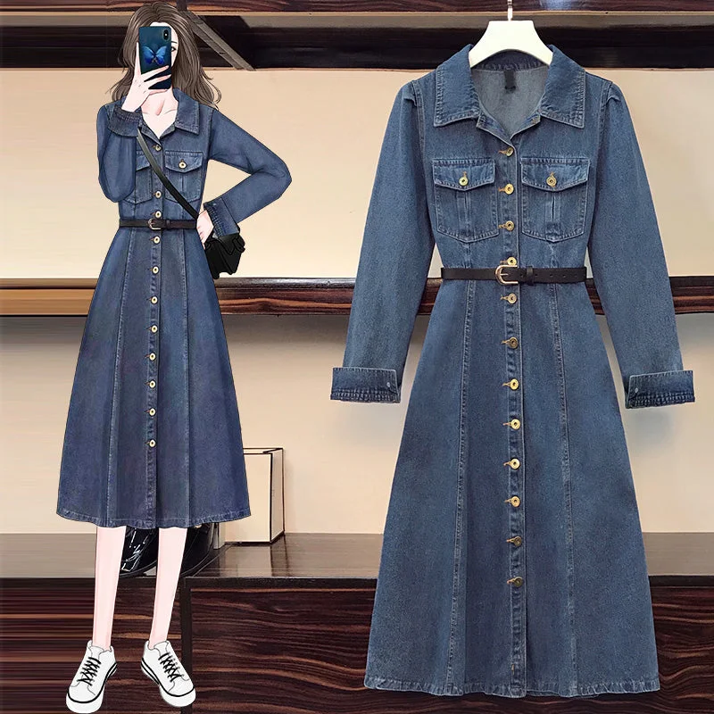 Plus size Korean denim midi shirt dress