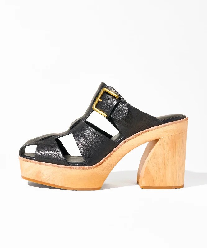 Porto Fisherman Wooden Clog Heel  | Black