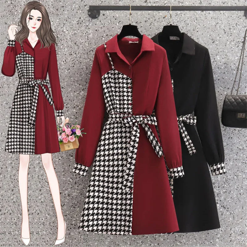 Plus Size Houndstooth Mock 2 Piece Dress Set