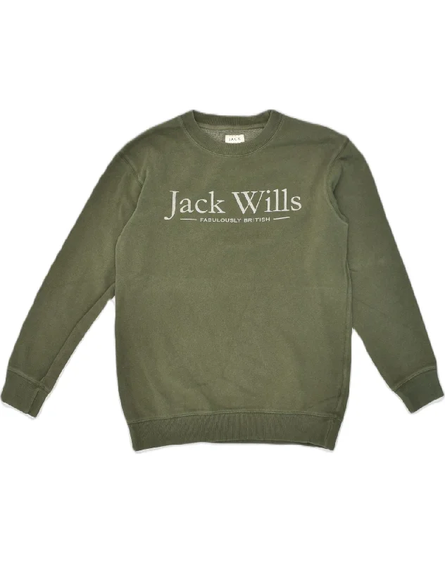 JACK WILLS Womens Graphic Sweatshirt Jumper UK 8 Small Khaki Cotton