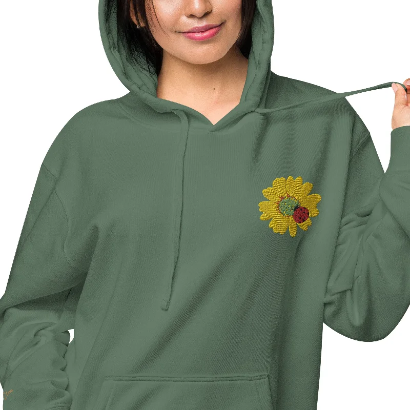 Ladybug Floral Embroidered Design Unisex Pigment-Dyed Hoodie