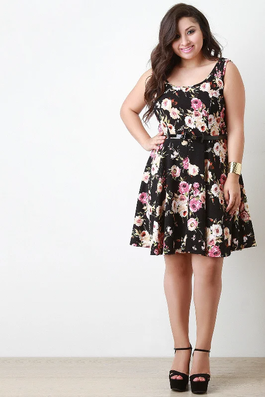 Sleeveless Floral Print Belted Skater Dress