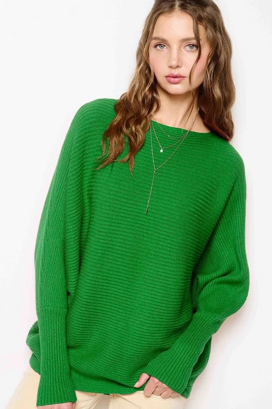 Ribbed Boatneck Bubble Sleeve Sweater (Green)