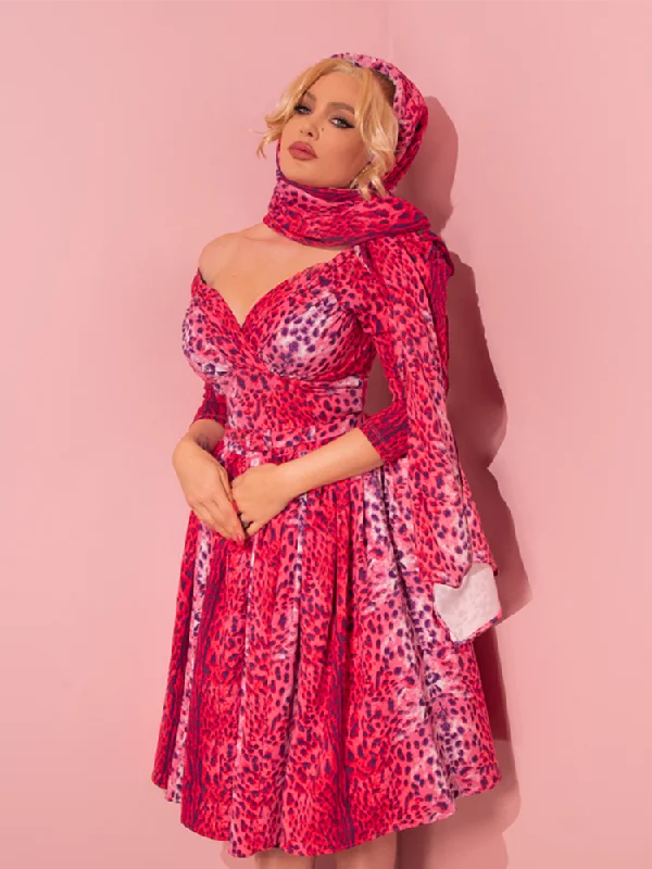 Starlet Swing Dress and Scarf in Pink Leopard Print - Vixen by Micheline Pitt