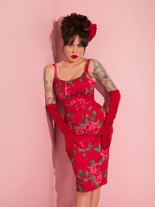 Ingenue Wiggle Dress in Vintage Red Rose Print - Vixen by Micheline Pitt