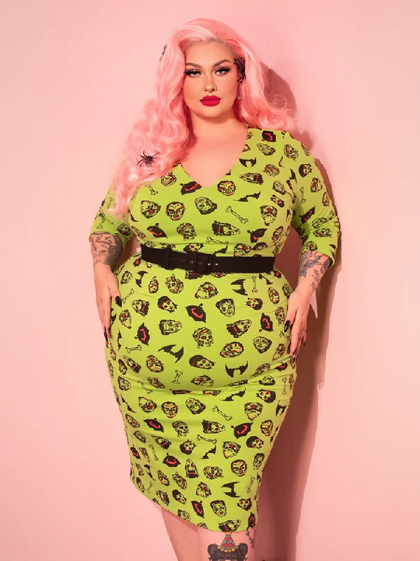 Deadly Wiggle Dress in Monster Mash Print - Vixen by Micheline Pitt