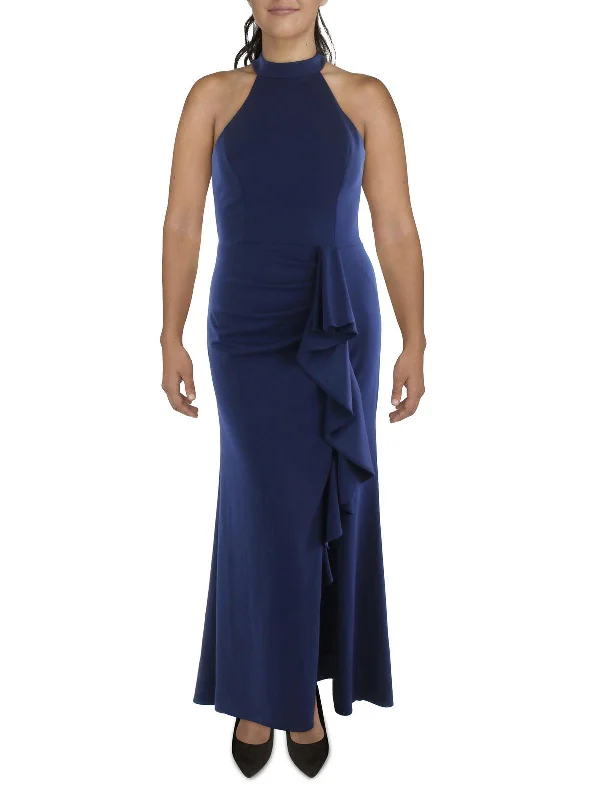 Womens Cascade Ruffle Halter Evening Dress