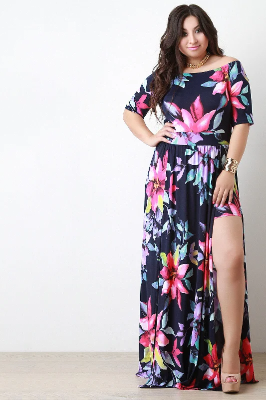 Off The Shoulder Double High Slit Floral Dress