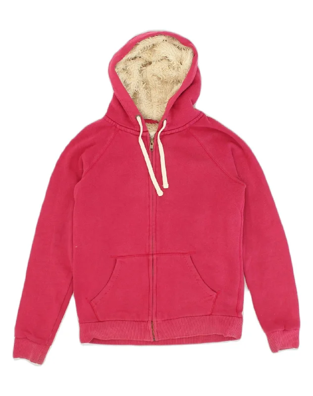 JACK WILLS Womens Sherpa Graphic Zip Hoodie Sweater UK 8 Small Pink Cotton