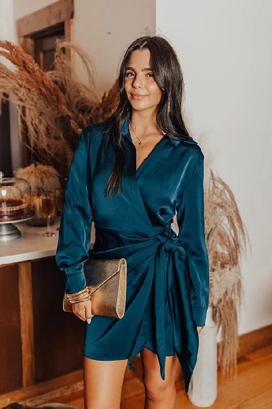 Hampton Wrap Satin Dress In Teal