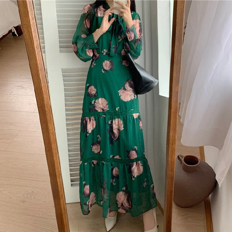 Plus Size Korean Green Pussybow Midi Dress