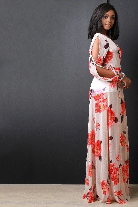 Floral Printed Mesh Open Longsleeves Maxi Dress