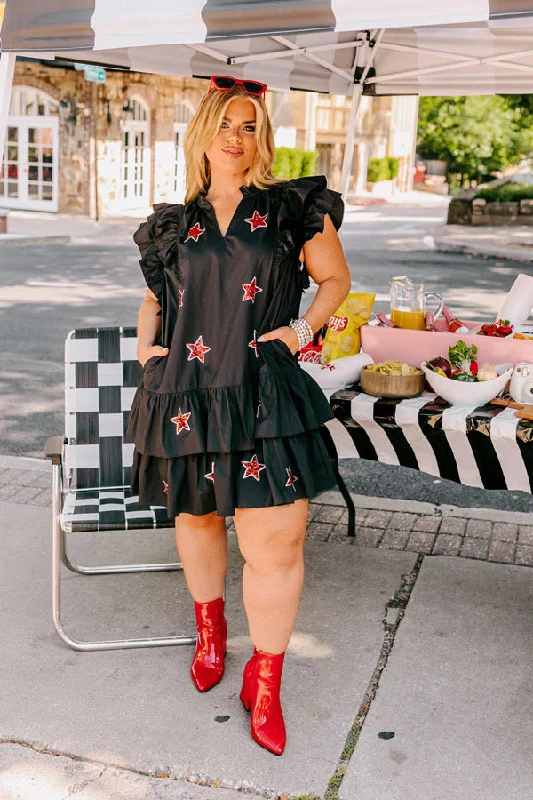 Under The Stadium Lights Ruffle Mini Dress in Black Curves