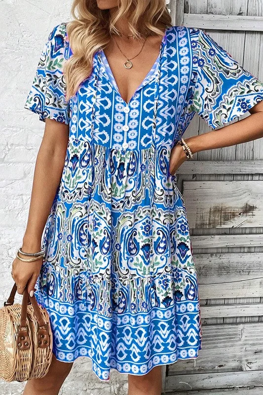 Ruffle Hem Print Dress (Blue)