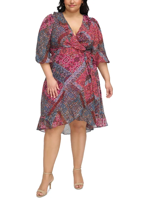 Plus Womens Printed Knee-Length Wrap Dress