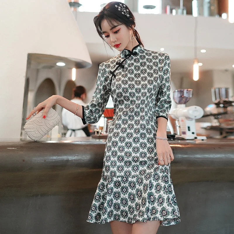 Plus Size Retro Repeat Print Cheongsam Dress