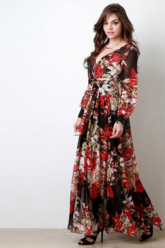 Chiffon Floral Print Surplice Maxi Dress