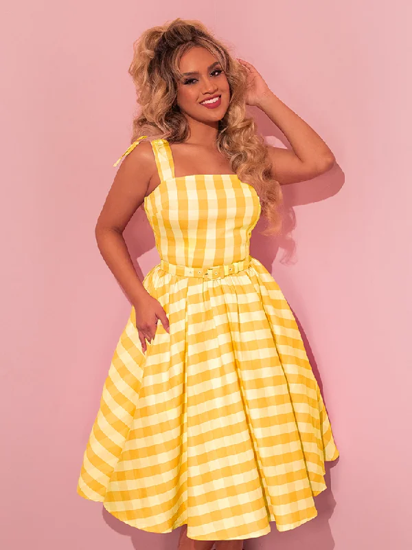 Dream-House Swing Dress and Matching Bow in Yellow Gingham - Vixen by Micheline Pitt