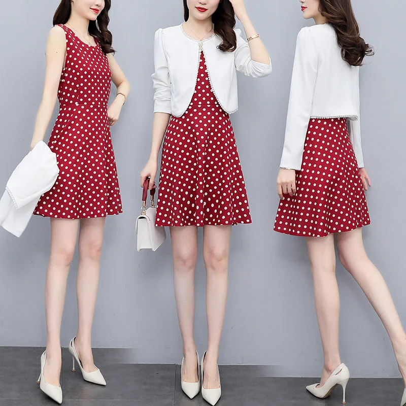 Plus Size Jacket and Polka Dots Sleeveless Dress Set