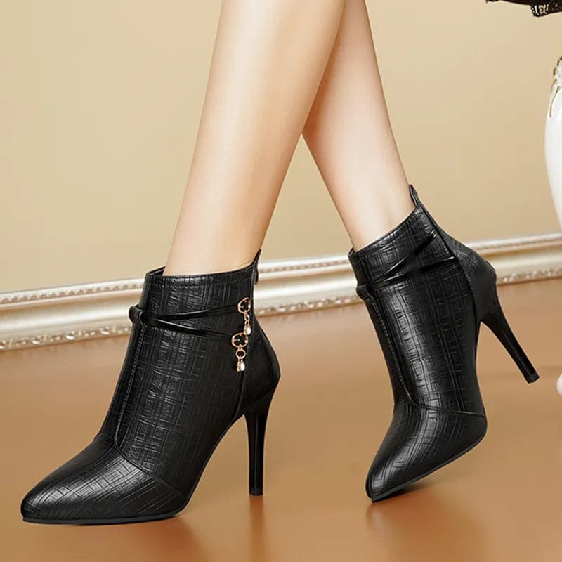 Stylish PU Leather Ankle Boots with Alluring Pointed Toe and Stiletto Heels for Women