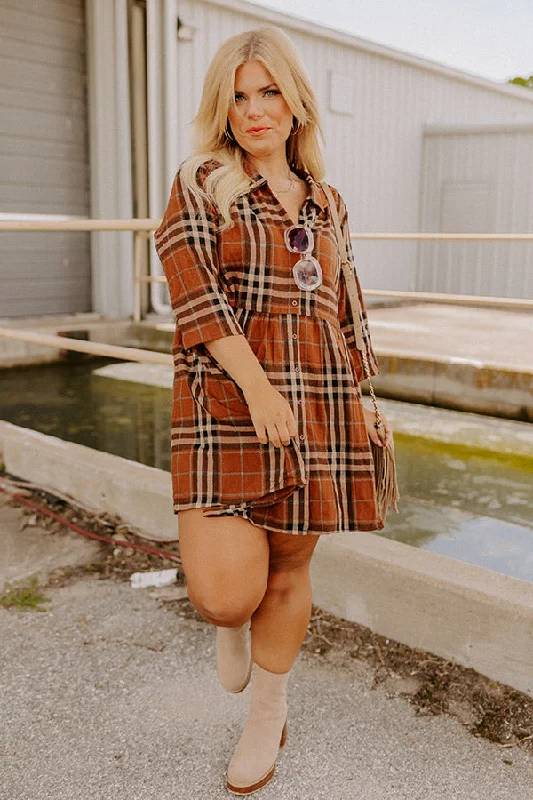 Cheery Mood Plaid Tunic Dress In Dark Camel Curves