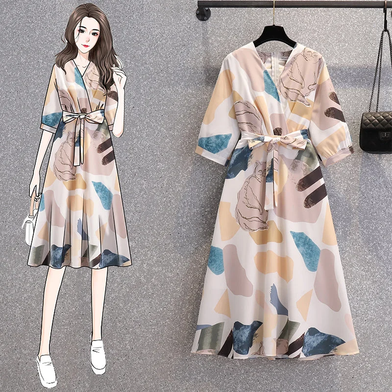 Plus Size Abstract Cat Print Wrap Dress