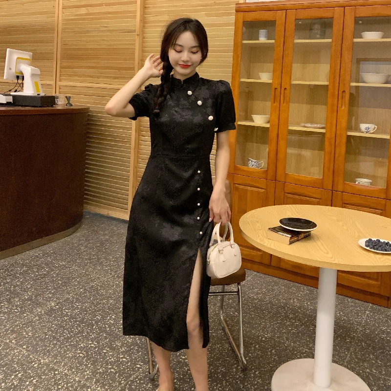 Plus Size Korean Black Slit Midi Cheongsam Dress