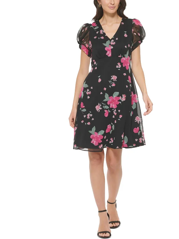 Womens Mini Puff Sleeve Fit & Flare Dress