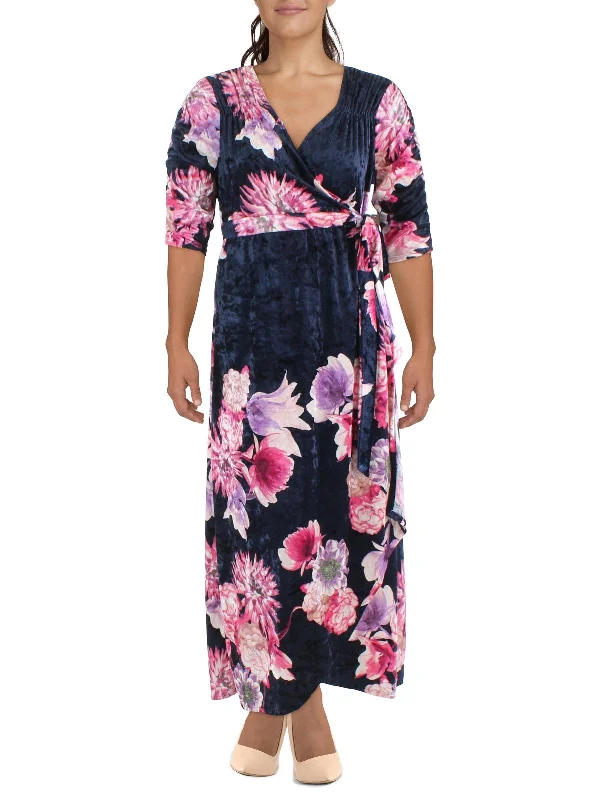 Plus Womens Velvet Floral Print Wrap Dress